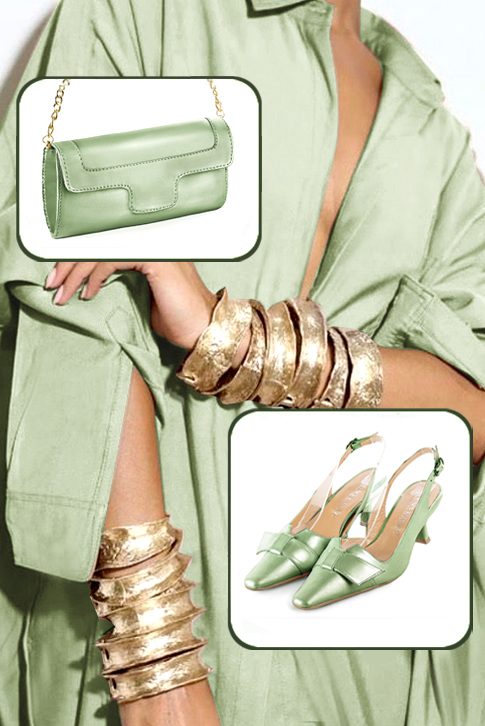 Women's mint green elegant slingback heels, with a bow on the front. Tapered toe. Medium spool heels - Top view